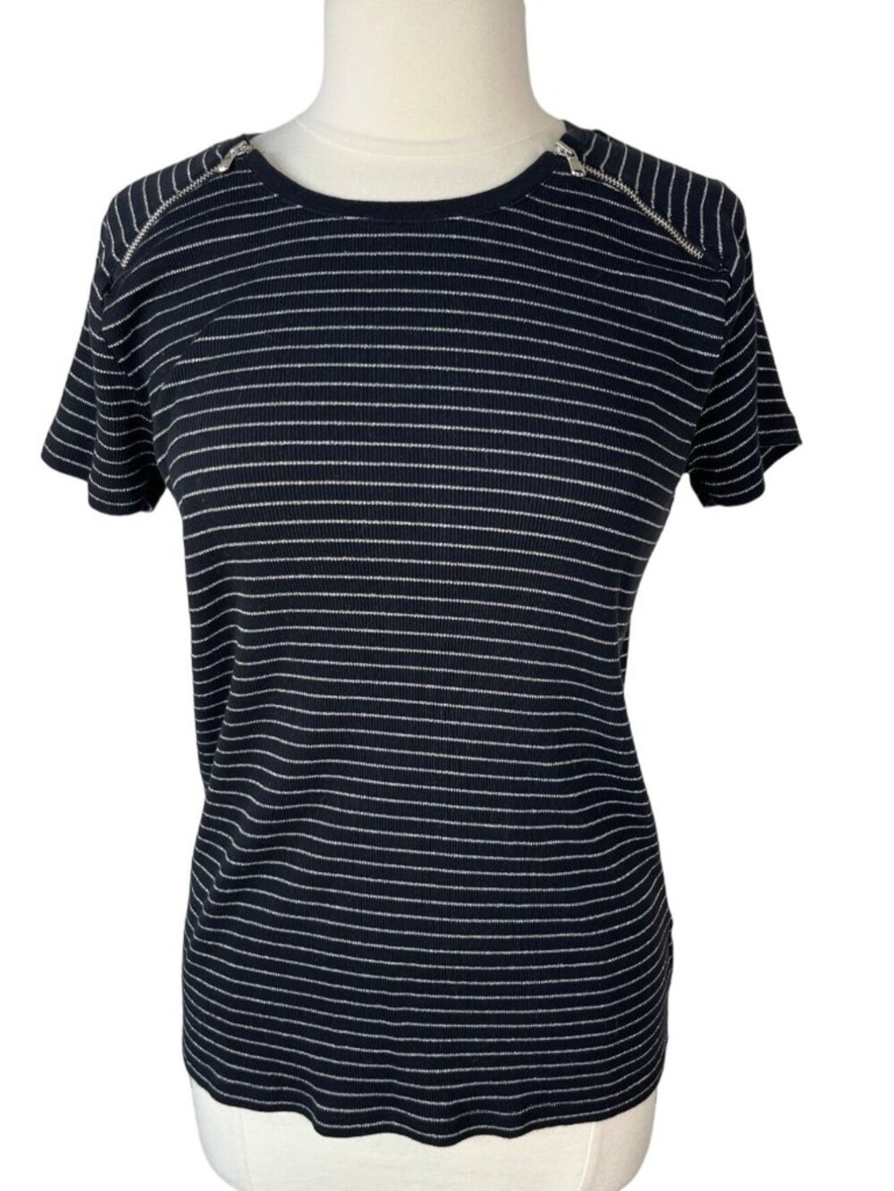 Lauren Ralph Lauren Shirt XL Black  Silver Stripes Zipper Details Stretch Summer